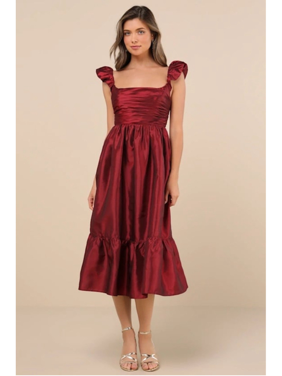 Lulus Dresses & Skirts - NWT Lulus Poised Passion Wine Red Taffeta Pleated Ruffled Midi Dress Size S